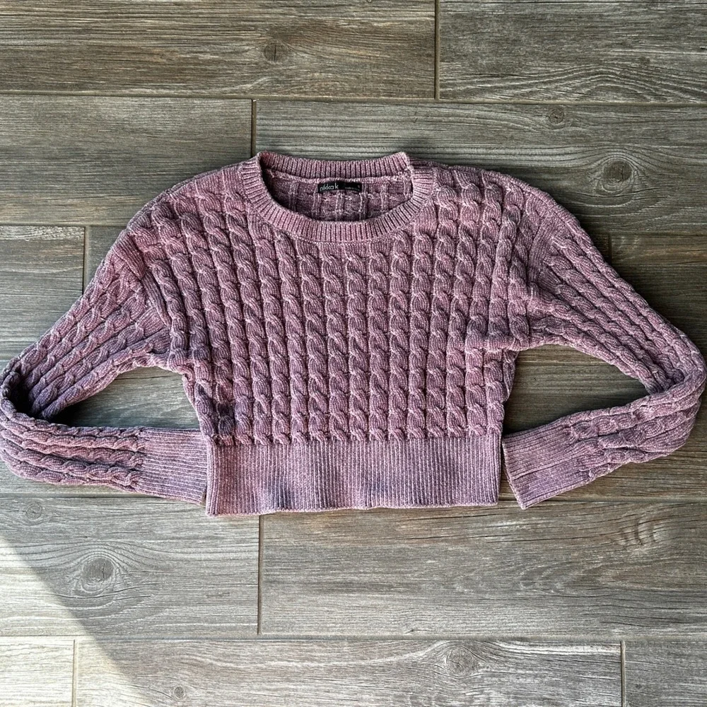 Cropped Cable Knit Sweater Dusty‎ Rose Pink Chenille Cozy Womens Small